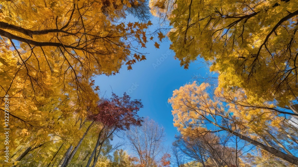 Vibrant autumn leaves in warm yellows and reds frame a clear blue sky from a low-angle perspective showcasing the beauty of fall foliage Vibrant autumn leaves in warm yellows and reds frame a clear blue sky from a low-angle perspective showcasing the beauty of fall foliage