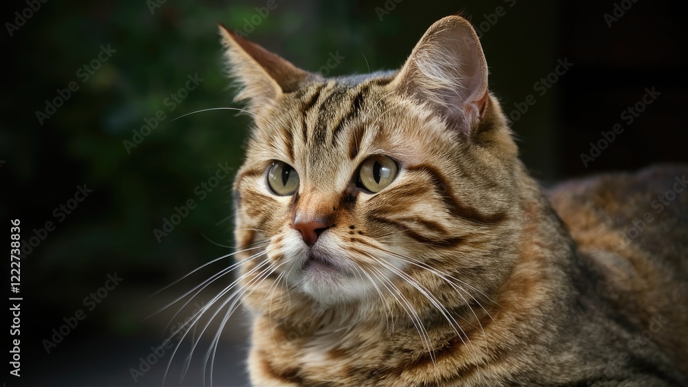 Brown tabby cat with golden eyes looking thoughtfully to the left against a soft blurred green background, showcasing detailed fur texture and facial features. Brown tabby cat with golden eyes looking thoughtfully to the left against a soft blurred green background, showcasing detailed fur texture and facial features.