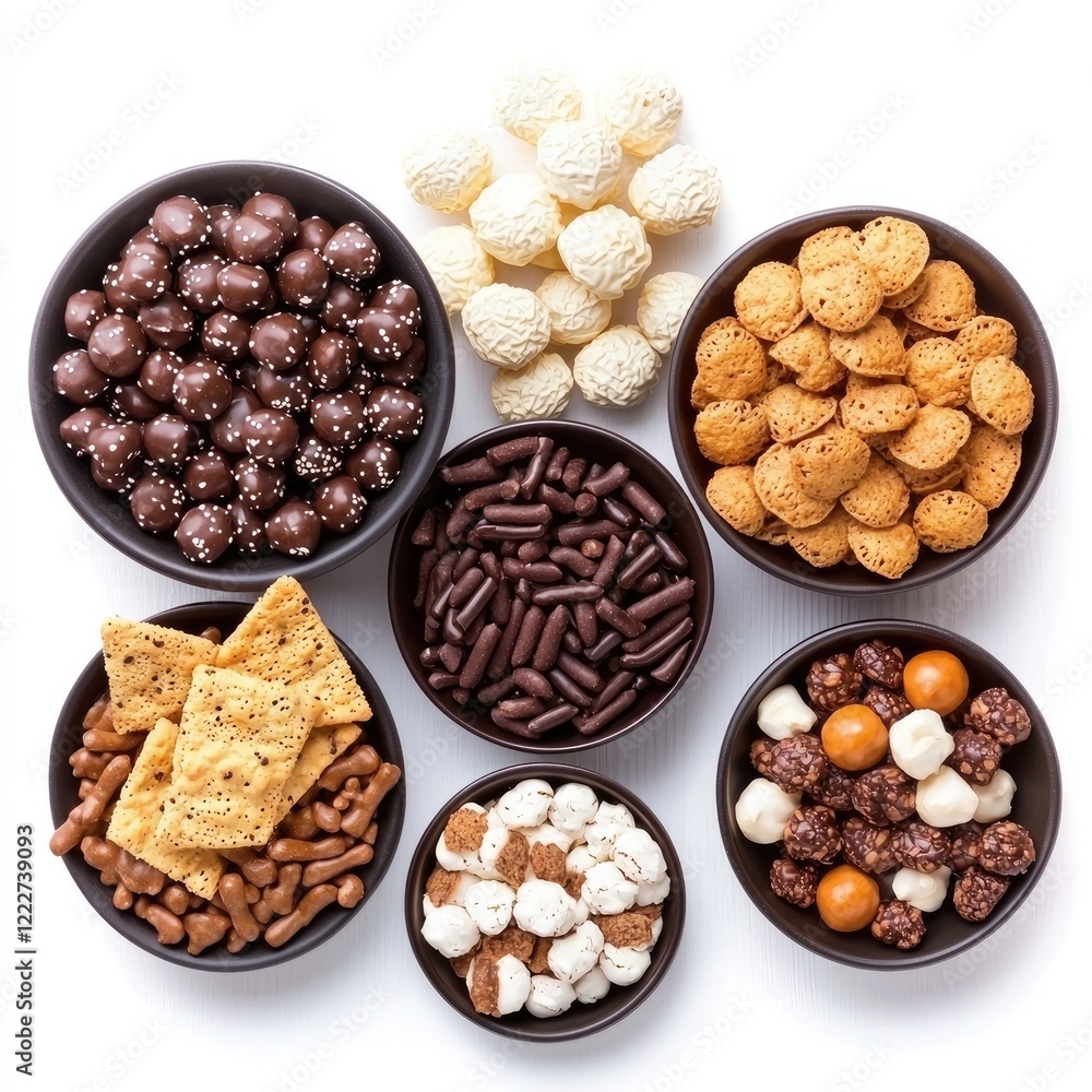 Assorted chocolate snacks in bowls, overhead view, white background, food photography, website use Assorted chocolate snacks in bowls, overhead view, white background, food photography, website use