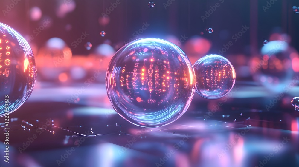 A 3D representation of qubits, floating in a high-tech environment, glowing with binary patterns of quantum states, sleek and minimalistic design A 3D representation of qubits, floating in a high-tech environment, glowing with binary patterns of quantum states, sleek and minimalistic design