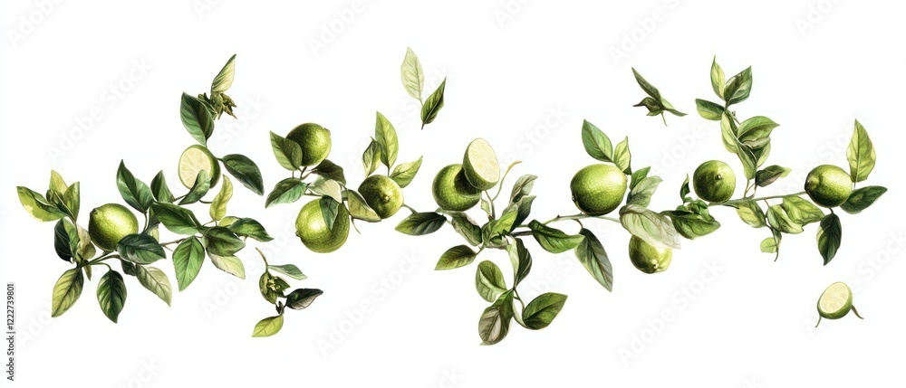 A decorative arrangement of green limes and leaves on a white background. A decorative arrangement of green limes and leaves on a white background.