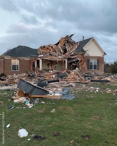 A destroyed home with debris scattered after a tornado passed through photo