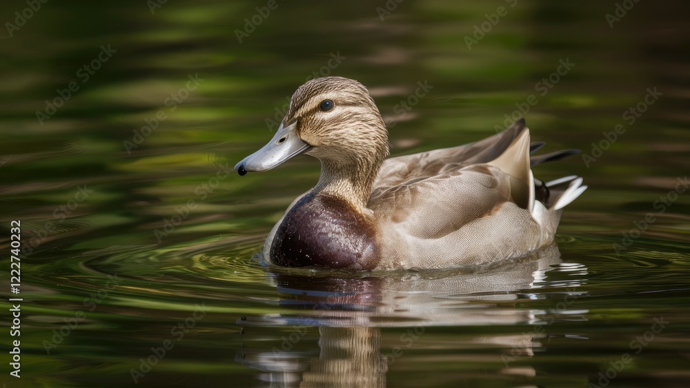 Duck swimming gracefully in tranquil water surrounded by lush green foliage reflecting soft light with smooth ripples creating serene atmosphere. Duck swimming gracefully in tranquil water surrounded by lush green foliage reflecting soft light with smooth ripples creating serene atmosphere.