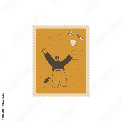 Wine lover on postal stamp. Tasting event square zigzag edges emblem. Party with alcohol drinks. Person with wineglass visit a vineyard. Vector hand drawn doodle illustration.