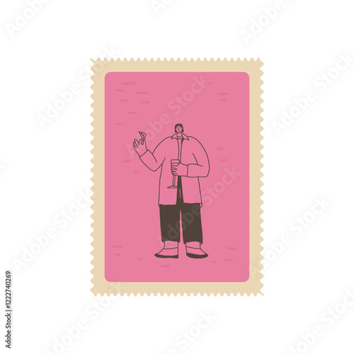 Wine lover on postage stamp. Tasting event square zigzag edges emblem. Party with alcohol drinks. Man with wineglass and tapas have fun. Vector hand drawn doodle illustration.