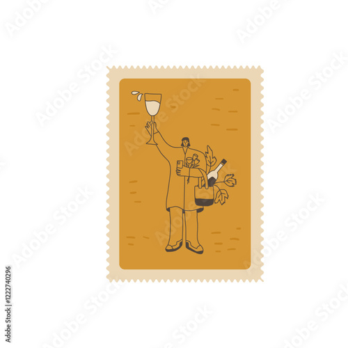 Wine lover on postal stamp. Tasting event square zigzag edges emblem. Party with alcohol drinks. Woman with wineglass and bottle visit a vineyard. Vector hand drawn doodle illustration.