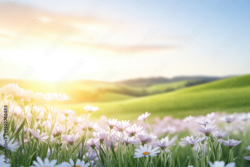 Obraz premium Sun-kissed wildflowers bloom in serene countryside landscape at dusk