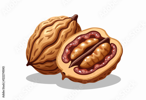Flat Walnut Icon Vector: Simple, brown, cartoon-style walnut graphic with clean lines, isolated on a white background. Ideal for food-related apps, websites, and menus.
