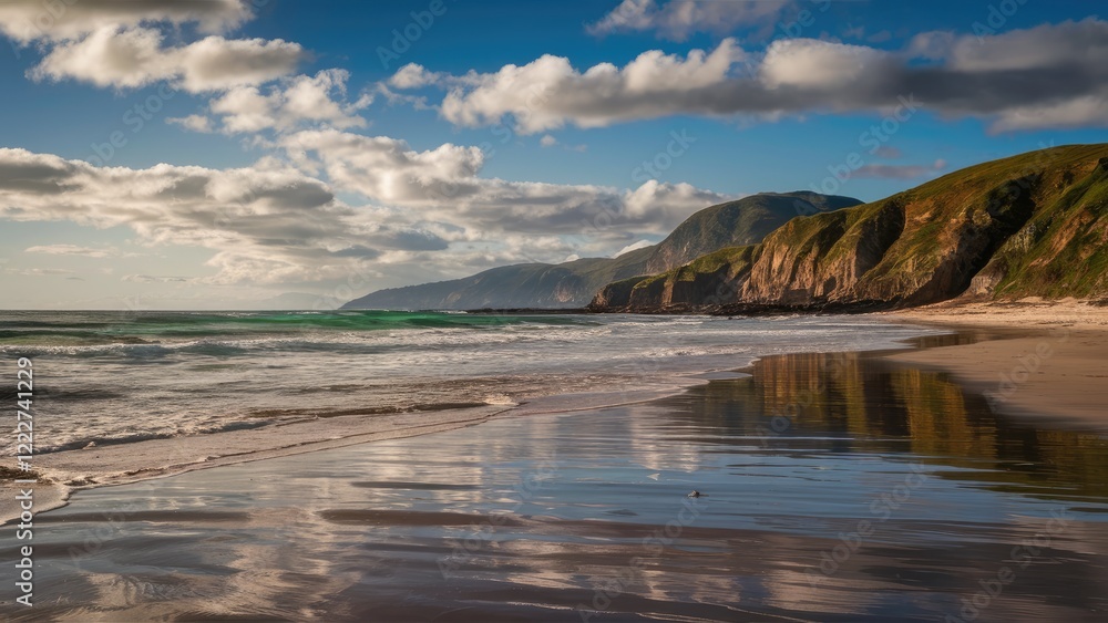 Tranquil beach landscape showcasing soft waves lapping onto sandy shore with clouds reflecting on water and lush green cliffs in background. Tranquil beach landscape showcasing soft waves lapping onto sandy shore with clouds reflecting on water and lush green cliffs in background.