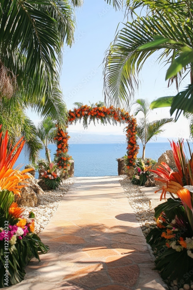 Fototapeta premium A destination wedding with tropical decor and ocean views