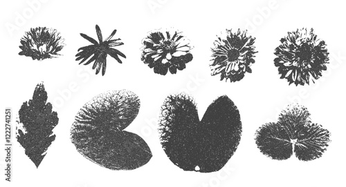 Photocopy effect flowers and leaves collage stickers. Stippled monochrome effect florals assets. Collage halftone botanical element. Gazette cutouts set. Vector dotted scrapbook illustration isolated.