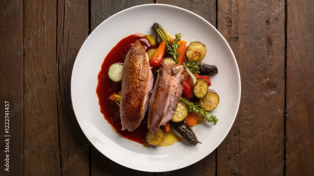 Duck fillet plated with roasted vegetables and red sauce in a white circle, centered against brown wooden background for a rustic feel. Duck fillet plated with roasted vegetables and red sauce in a white circle, centered against brown wooden background for a rustic feel.
