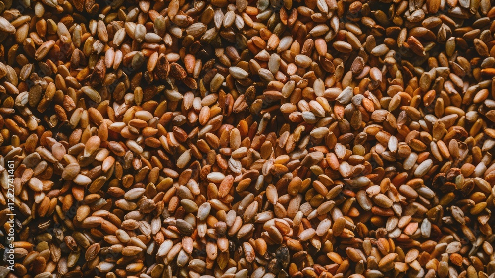 Closeup of toasted sesame seeds with rich brown and tan hues arranged densely, showcasing their varied textures and natural sheen. Closeup of toasted sesame seeds with rich brown and tan hues arranged densely, showcasing their varied textures and natural sheen.