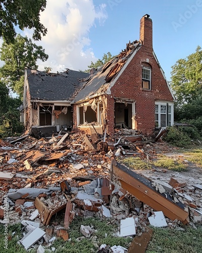 A destroyed home with debris scattered after a tornado passed through photo