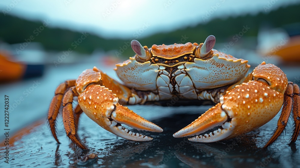 A close-up view of a wooden fishing boat filled with numerous red crabs, A close-up view of a wooden fishing boat filled with numerous red crabs,