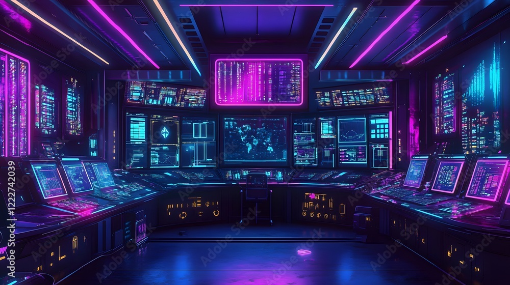 Fototapeta premium A high-tech control room filled with holographic panels displaying algorithms, nodes voting in unison to validate a blockchain, illuminated by pulsating neon lights, symbolizing Proof of Stake and Pro