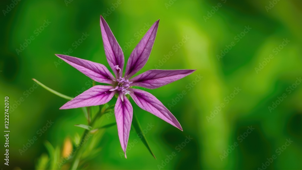 Obraz premium Vibrant green backdrop highlights a detailed purple star-shaped flower in the center, showcasing intricate petals and lush foliage.