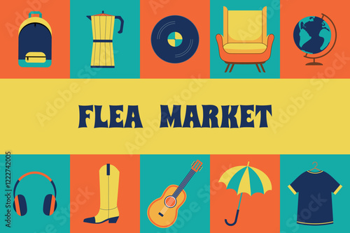 Checkered advertising template with icons for flea market. Vector illustration for banner, poster, advertising booklet.