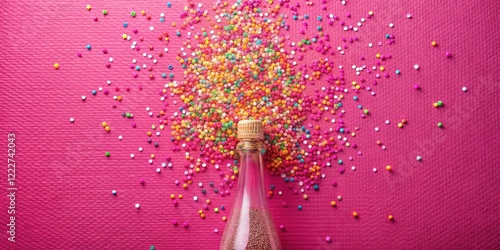 Fizzing bottle on rosy canvas adorned with vibrant sprinkles, bottle, gift,  bottle, gift, sprinkles, decoration, photo