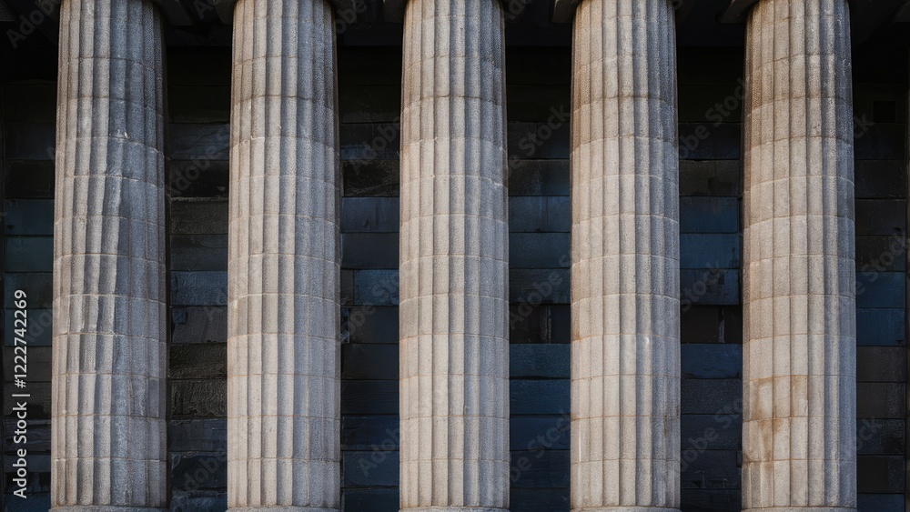 Stone pillars with classical design arranged in a row; light gray tones contrast with dark blue background, creating a majestic atmosphere. Stone pillars with classical design arranged in a row; light gray tones contrast with dark blue background, creating a majestic atmosphere.