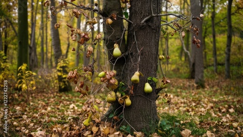 Golden autumn hues adorn a tree wrapped with climbing pear fruit, surrounded by fallen leaves and a forest backdrop of blurred forest greenery. photo