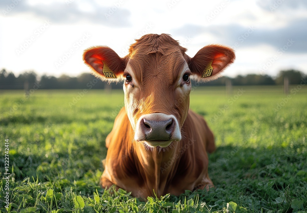 Close-Up of a Brown Cow Relaxing on Green Grass Under a Soft Sky in a Rural Setting During Beautiful Daylight Hours Close-Up of a Brown Cow Relaxing on Green Grass Under a Soft Sky in a Rural Setting During Beautiful Daylight Hours