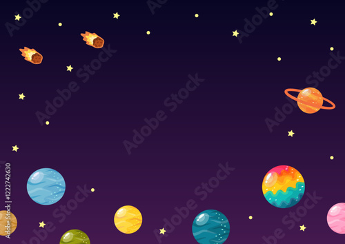 カラフルな惑星と星や隕石のコピースペースのあるベクターイラスト05