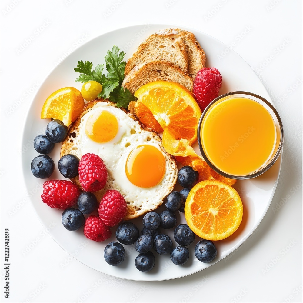 Healthy breakfast plate eggs, toast, fruit, juice Healthy breakfast plate eggs, toast, fruit, juice