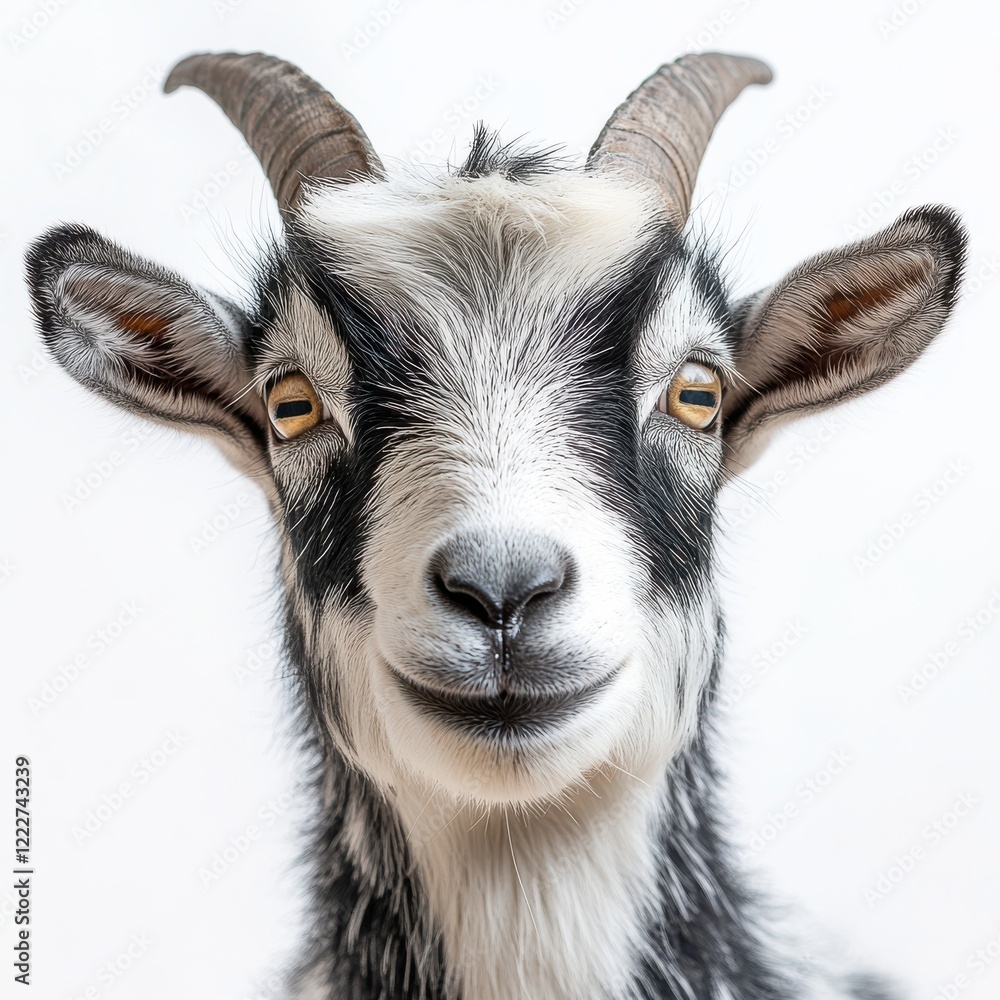 Close-up of a Cheerful Goat with Adorable Features Smiling Against a Clean White Background, Perfect Symbol of Happiness and Joy in Nature Close-up of a Cheerful Goat with Adorable Features Smiling Against a Clean White Background, Perfect Symbol of Happiness and Joy in Nature
