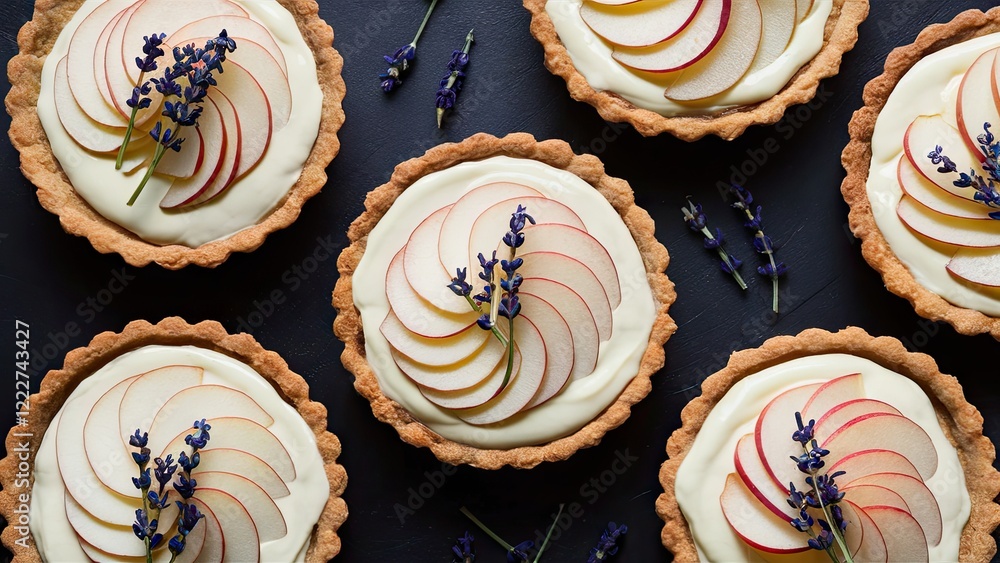 Lavender cream tarts with sliced apples arranged elegantly 6 pastries on a dark background with delicate lavender sprigs for decoration Lavender cream tarts with sliced apples arranged elegantly 6 pastries on a dark background with delicate lavender sprigs for decoration