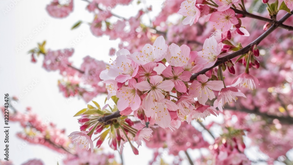 Fototapeta premium Delicate pink cherry blossoms in full bloom on a dark branch against a soft white background with gentle sunlight illuminating the petals