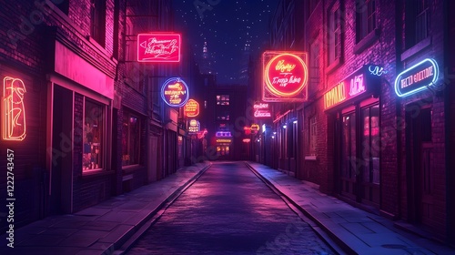 A background of bold neon signs in an urban alleyway. photo