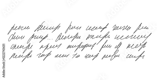 Illegible fake decorative cursive script message. Handwritten ink stroke. Scribble fictional letter. Abstract freehand text note isolated on white background. Vector hand drawn illustration.