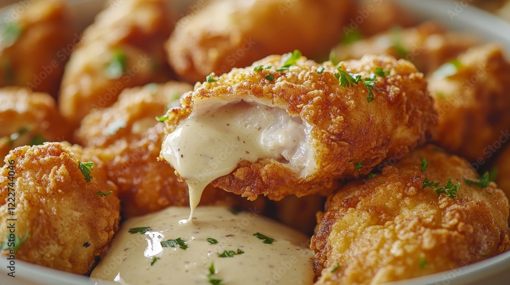 A close-up of crispy fried chicken pieces with creamy dipping sauce. A close-up of crispy fried chicken pieces with creamy dipping sauce.