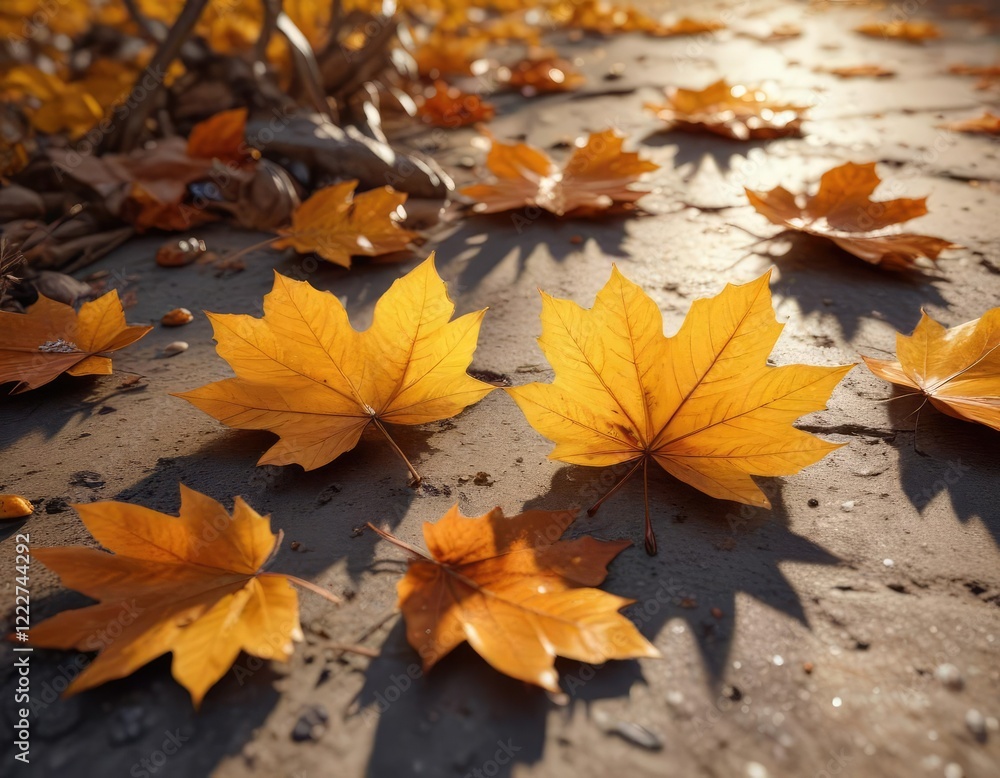Obraz premium Golden light casting shadows on fallen autumn leaves with embedded crystals , outdoor scene, crystal clusters, autumn colors