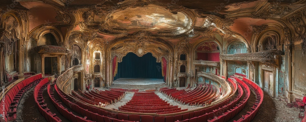 Obraz premium Abandoned ornate theater with red seats and decaying architecture