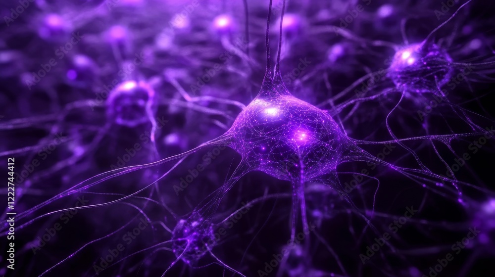 Neurons glowing in purple hues highlight the beauty of neural connections in a microscopic view Neurons glowing in purple hues highlight the beauty of neural connections in a microscopic view