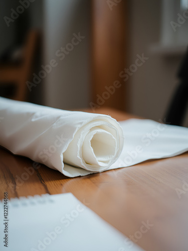 rolled up white whatman  on a wooden table.Close-up. photo