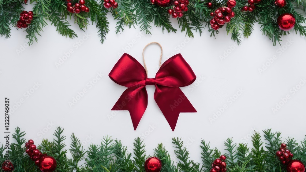 Elegant burgundy Christmas ribbon bow centered on a white background, surrounded by lush green pine branches and red berries, festive decor. Elegant burgundy Christmas ribbon bow centered on a white background, surrounded by lush green pine branches and red berries, festive decor.