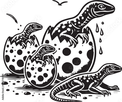 Cute Dinosaur Hatching from Egg, Black and White Illustration. A stylized black and white illustration of a dinosaur hatching from an egg.