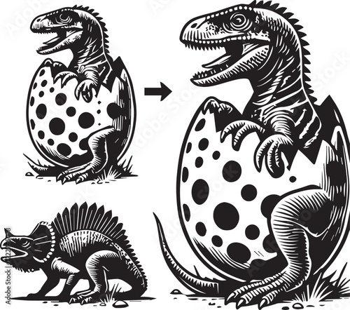 Cute Dinosaur Hatching from Egg, Black and White Illustration. A stylized black and white illustration of a dinosaur hatching from an egg.