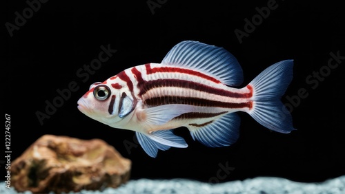 Vibrant zebrafish Danio rerio with bold red and white stripes swimming gracefully against a deep black background with gravel textures below. photo