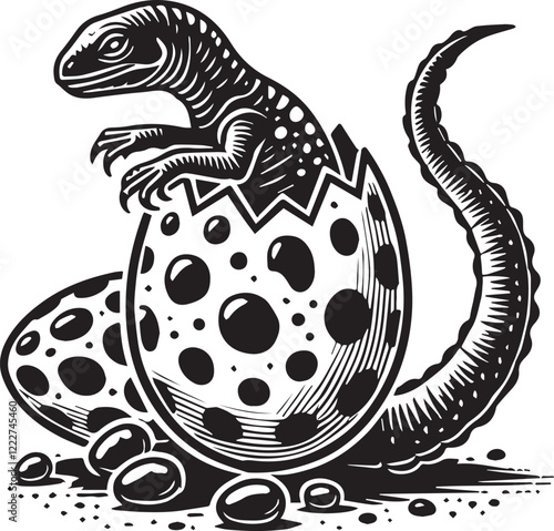 Cute Dinosaur Hatching from Egg, Black and White Illustration. A stylized black and white illustration of a dinosaur hatching from an egg.