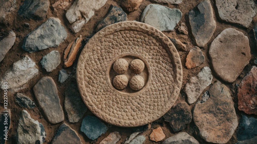 Natural stone background featuring a round textured stone plate centered on rough uneven stones in earthy tones of brown and gray. Natural stone background featuring a round textured stone plate centered on rough uneven stones in earthy tones of brown and gray.