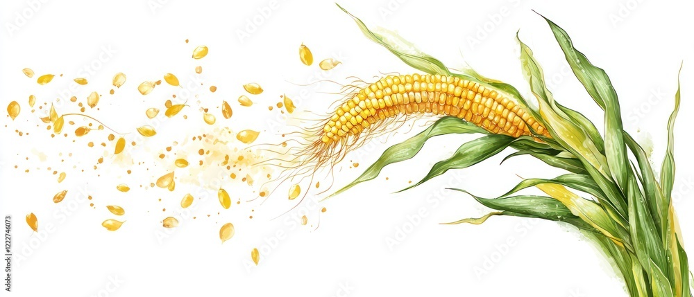 Obraz premium A watercolor illustration of corn with flowing leaves and scattered kernels.