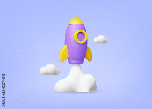 3D vector rendered illustration of purple and yellow rocket icon with clouds floating around. Positive concept of startup, growth or development. For development, business, education, inspiration