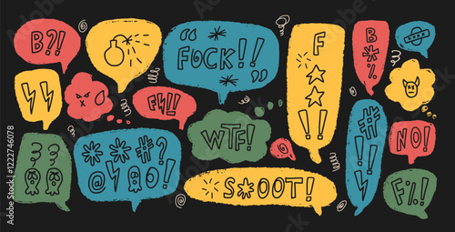 Speech bubbles with hate swear words. Crayon doodle text. Bad bulling expression on chat dialog boxes. Aggressive social media swearwords isolated on white background. Vector hand drawn illustration.