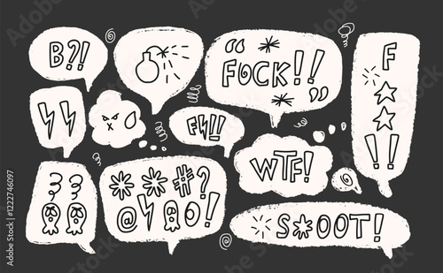 Curse crayon doodle text. Swear words on chalk speech bubbles. Bad expression on chat dialog boxes. Aggressive swearwords isolated on black background. Haters signs. Vector hand drawn illustration.