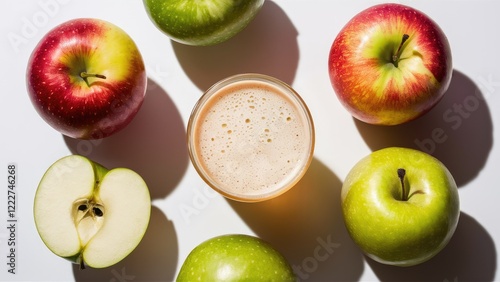 Glass of apple juice surrounded by red and green apples on a clean white background with soft shadows and vibrant colors showcasing freshness. photo