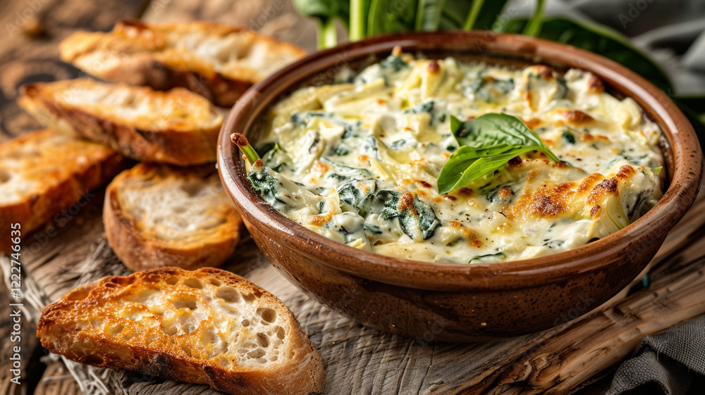 A savory bowl of creamy spinach and artichoke dip, paired with golden toasted baguette slices for an irresistible appetizer experience A savory bowl of creamy spinach and artichoke dip, paired with golden toasted baguette slices for an irresistible appetizer experience